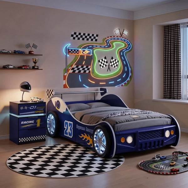 English Elm Kids Racing Car Nightstand with RGB LED Shelf and Three Drawers for Themed Bedrooms W2237P501433