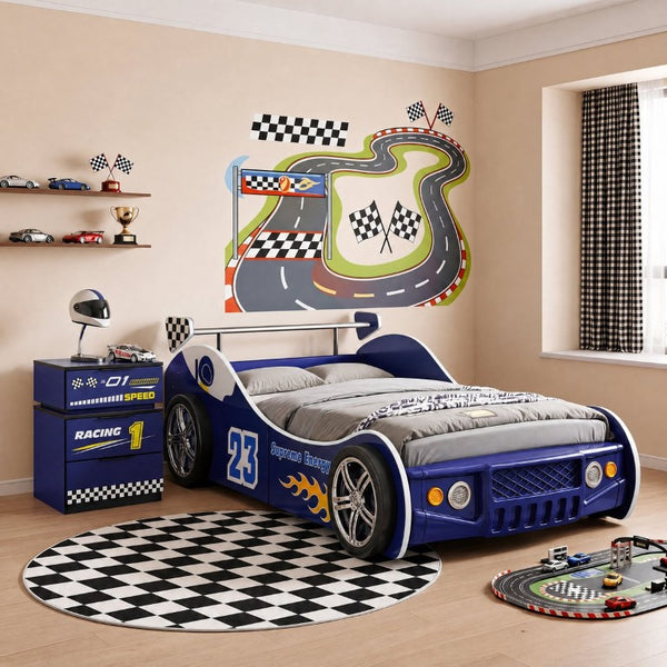 English Elm Kids Racing Car Nightstand with RGB LED Shelf and Three Drawers for Themed Bedrooms W2237P501433