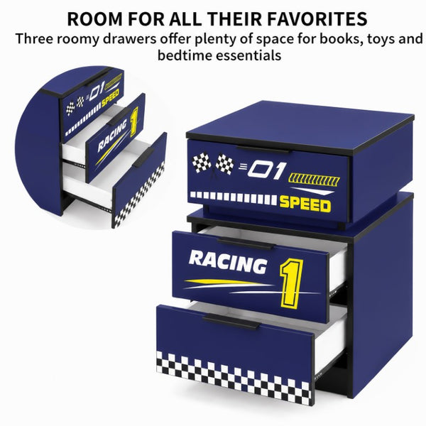 English Elm Kids Racing Car Nightstand with RGB LED Shelf and Three Drawers for Themed Bedrooms W2237P501433