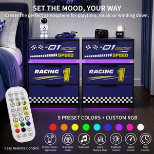 English Elm Kids Racing Car Nightstand with RGB LED Shelf and Three Drawers for Themed Bedrooms W2237P501433