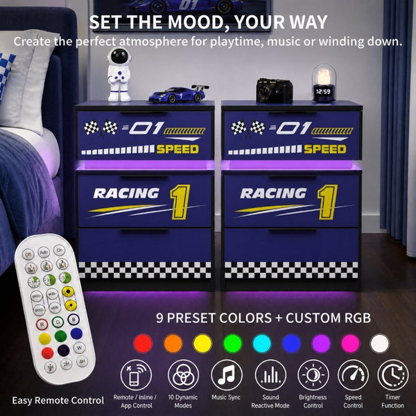 English Elm Kids Racing Car Nightstand with RGB LED Shelf and Three Drawers for Themed Bedrooms W2237P501433