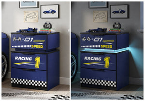 English Elm Kids Racing Car Nightstand with RGB LED Shelf and Three Drawers for Themed Bedrooms W2237P501433