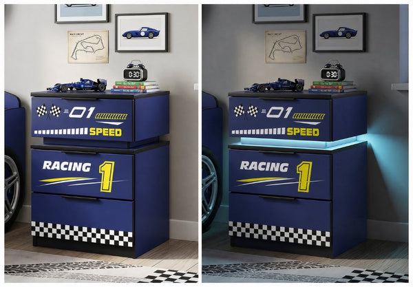 English Elm Kids Racing Car Nightstand with RGB LED Shelf and Three Drawers for Themed Bedrooms W2237P501433