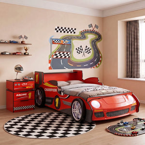 English Elm Supreme Energy Kids Racing Floor Bed with LED Lights and Built-In Guardrails Red W2237P501440