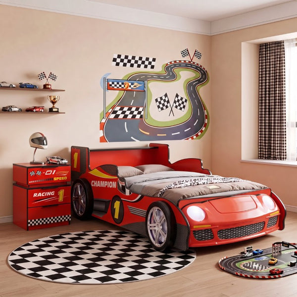 English Elm Supreme Energy Kids Racing Floor Bed with LED Lights and Built-In Guardrails Red W2237P501440