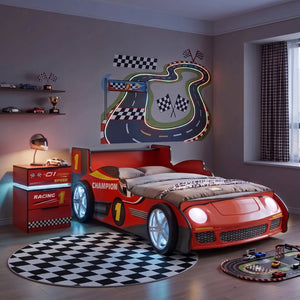English Elm Supreme Energy Kids Racing Floor Bed with LED Lights and Built-In Guardrails Red W2237P501440
