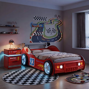 English Elm Supreme Energy Kids Racing Floor Bed with LED Lights and Built-In Guardrails Red W2237P501440