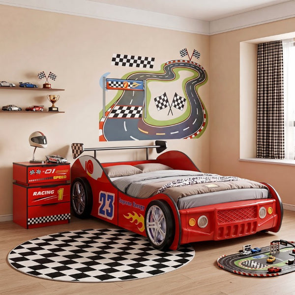 English Elm Supreme Energy Kids Racing Floor Bed with LED Lights and Built-In Guardrails Red W2237P501440