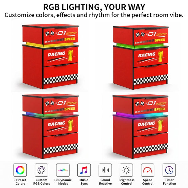 English Elm Supreme Energy Kids Racing Floor Bed with LED Lights and Built-In Guardrails Red W2237P501440