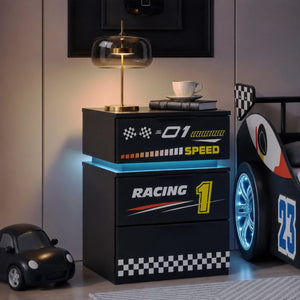 English Elm Supreme Energy Kids Racing Floor Bed with LED Lights and Built-In Guardrails Black W2237P501441