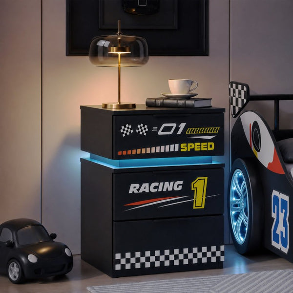 English Elm Supreme Energy Kids Racing Floor Bed with LED Lights and Built-In Guardrails Black W2237P501441