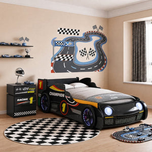 English Elm Supreme Energy Kids Racing Floor Bed with LED Lights and Built-In Guardrails Black W2237P501441