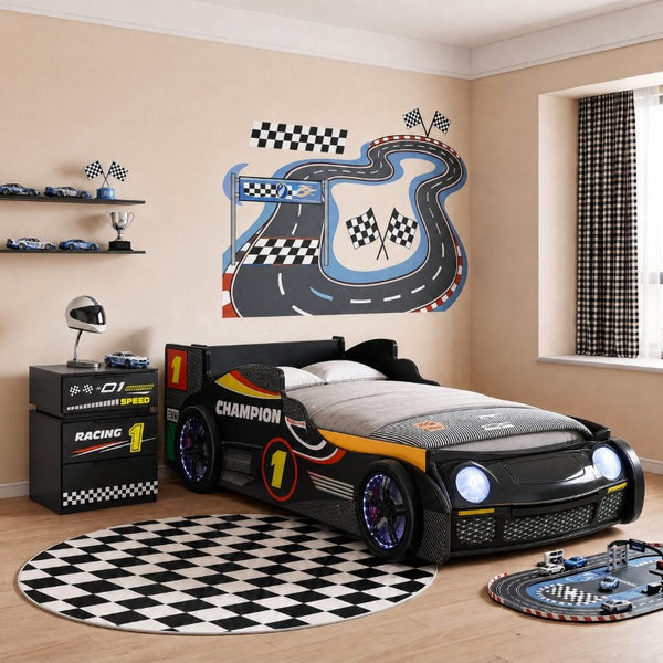 English Elm Supreme Energy Kids Racing Floor Bed with LED Lights and Built-In Guardrails Black W2237P501441