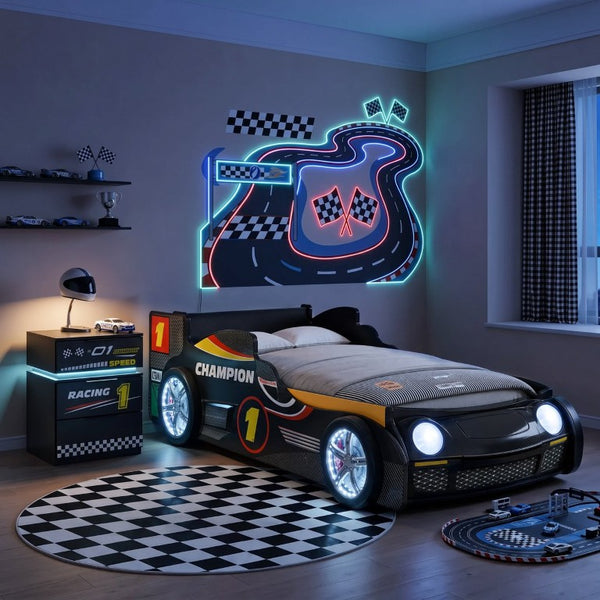 English Elm Supreme Energy Kids Racing Floor Bed with LED Lights and Built-In Guardrails Black W2237P501441