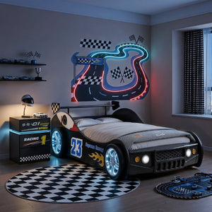 English Elm Supreme Energy Kids Racing Floor Bed with LED Lights and Built-In Guardrails Black W2237P501441