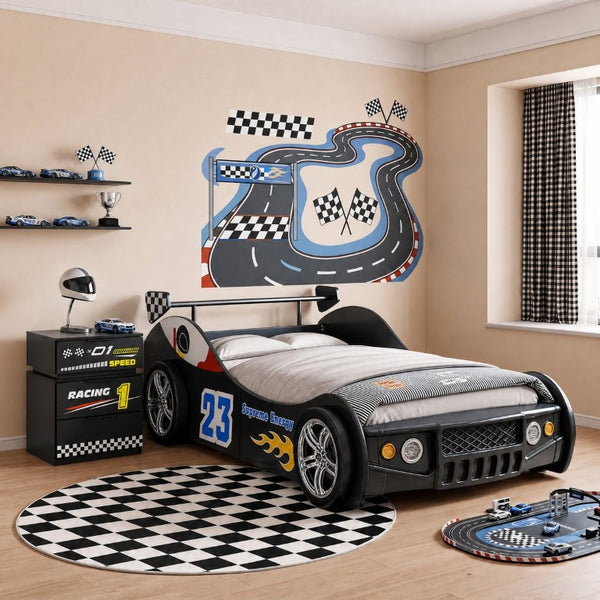 English Elm Supreme Energy Kids Racing Floor Bed with LED Lights and Built-In Guardrails Black W2237P501441