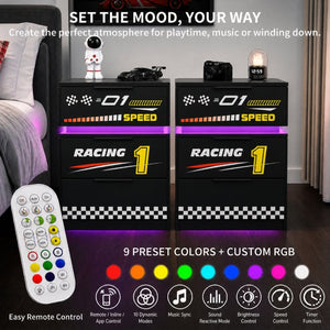 English Elm Supreme Energy Kids Racing Floor Bed with LED Lights and Built-In Guardrails Black W2237P501441
