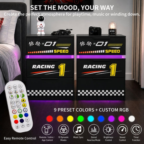 English Elm Supreme Energy Kids Racing Floor Bed with LED Lights and Built-In Guardrails Black W2237P501441