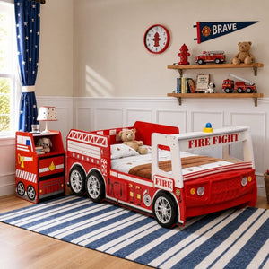 English Elm Kids Fire Truck Themed Nightstand with Two Drawers and Open Cubby for Boys Bedroom W2237P501521