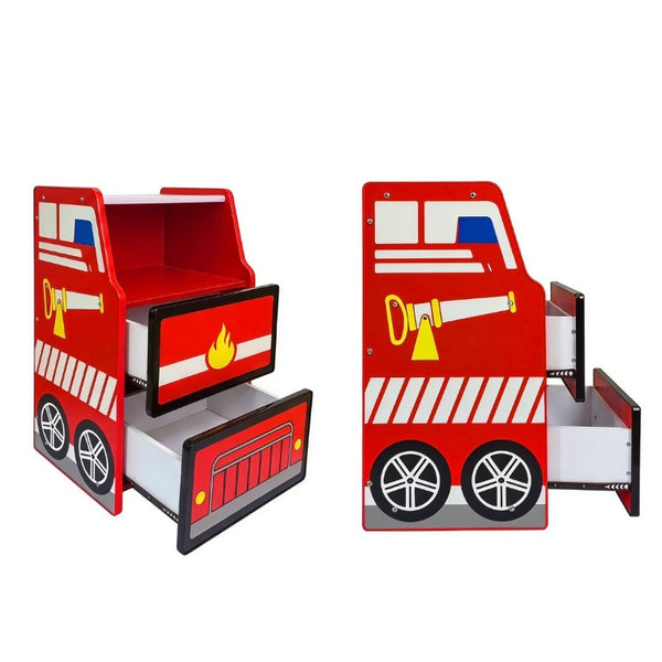 English Elm Kids Fire Truck Themed Nightstand with Two Drawers and Open Cubby for Boys Bedroom W2237P501521