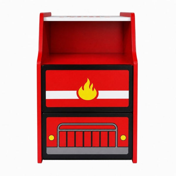 English Elm Kids Fire Truck Themed Nightstand with Two Drawers and Open Cubby for Boys Bedroom W2237P501521