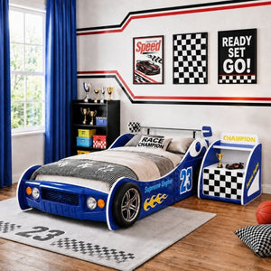 English Elm Kids Racing Themed Nightstand with Drawer Open Shelf and Curved Sporty Design Blue W2237P501551