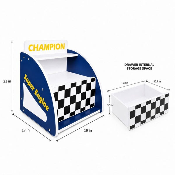 English Elm Kids Racing Themed Nightstand with Drawer Open Shelf and Curved Sporty Design Blue W2237P501551
