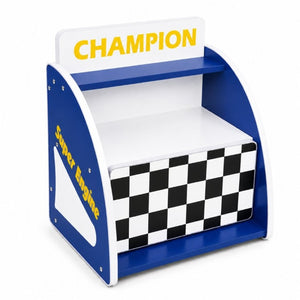 English Elm Kids Racing Themed Nightstand with Drawer Open Shelf and Curved Sporty Design Blue W2237P501551