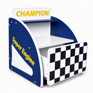English Elm Kids Racing Themed Nightstand with Drawer Open Shelf and Curved Sporty Design Blue W2237P501551