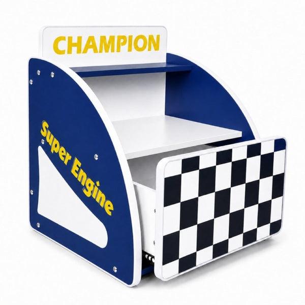 English Elm Kids Racing Themed Nightstand with Drawer Open Shelf and Curved Sporty Design Blue W2237P501551