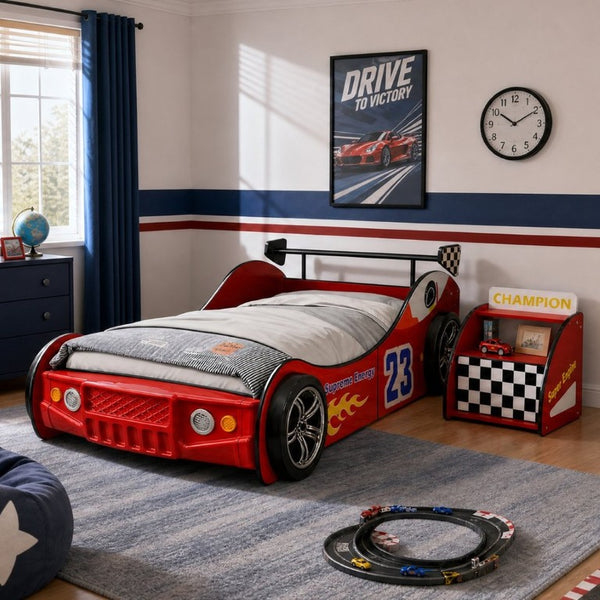 English Elm Kids Racing Themed Nightstand with Drawer Open Shelf and Rounded Safety Edges W2237P501566