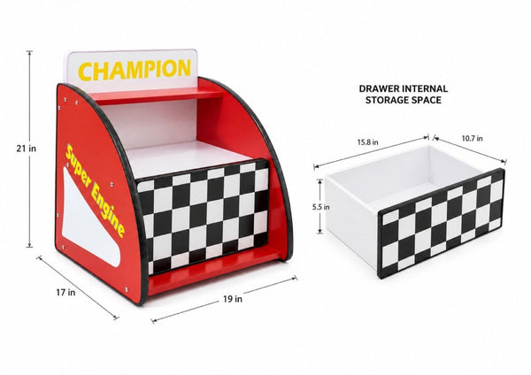English Elm Kids Racing Themed Nightstand with Drawer Open Shelf and Rounded Safety Edges W2237P501566