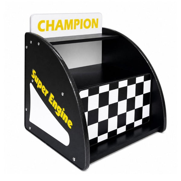 English Elm Kids Racing Themed Nightstand with Drawer Open Shelf and Curved Sporty Design Black W2237P501570