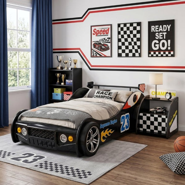 English Elm Kids Racing Themed Nightstand with Drawer Open Shelf and Curved Sporty Design Black W2237P501570