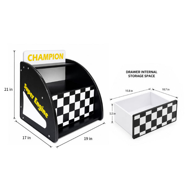 English Elm Kids Racing Themed Nightstand with Drawer Open Shelf and Curved Sporty Design Black W2237P501570