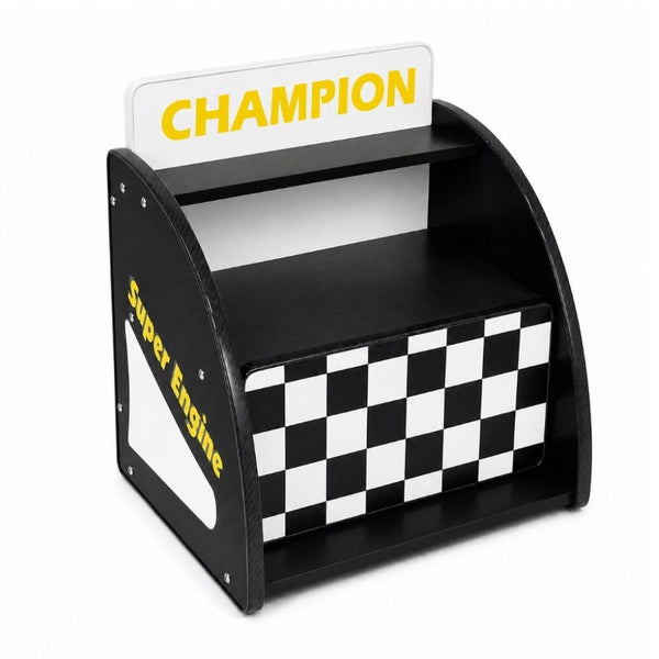English Elm Kids Racing Themed Nightstand with Drawer Open Shelf and Curved Sporty Design Black W2237P501570
