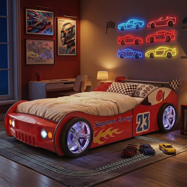 English Elm Supreme Racing Car Twin Floor Bed with Led Wheel Lights for Kids Bedroom W2237S00023
