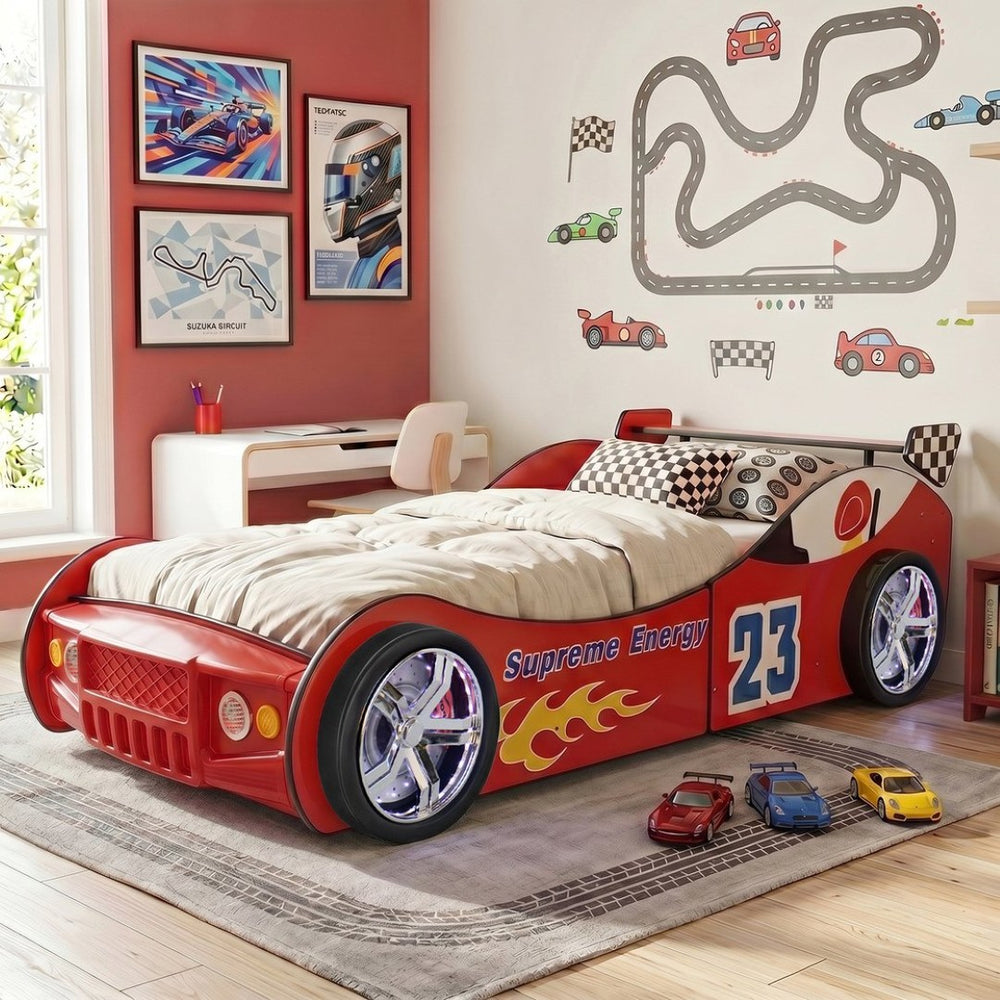English Elm Supreme Racing Car Twin Floor Bed with Led Wheel Lights for Kids Bedroom W2237S00023