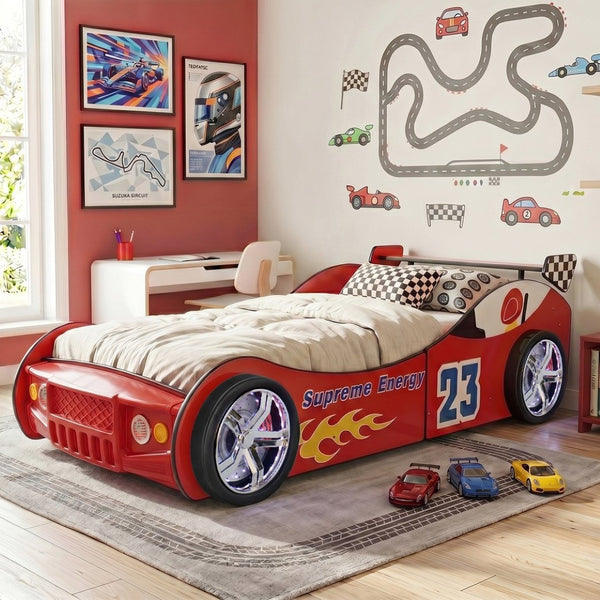 English Elm Supreme Racing Car Twin Floor Bed with Led Wheel Lights for Kids Bedroom W2237S00023