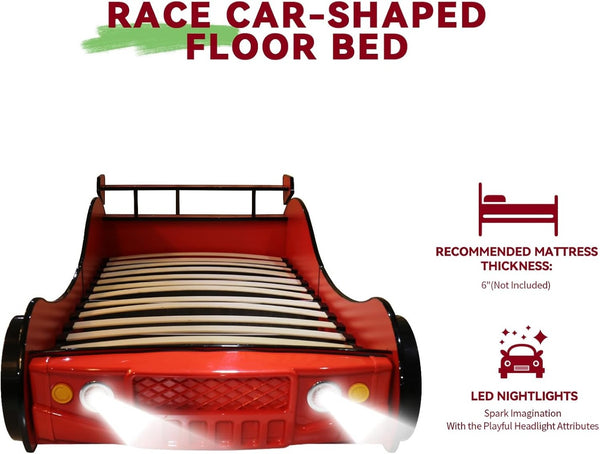 English Elm Supreme Racing Car Twin Floor Bed with Led Wheel Lights for Kids Bedroom W2237S00023