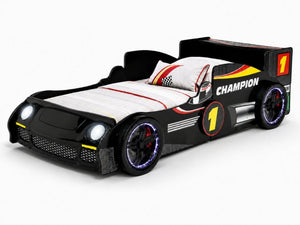 English Elm Kids Formula Racing Bed with LED Wheel Lights and Carbon Fiber Accents Twin Frame Black W2237S00024