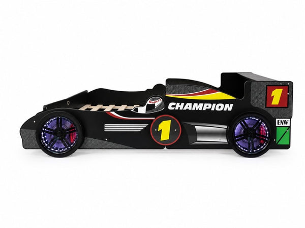 English Elm Kids Formula Racing Bed with LED Wheel Lights and Carbon Fiber Accents Twin Frame Black W2237S00024