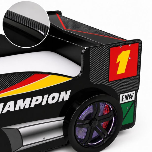 English Elm Kids Formula Racing Bed with LED Wheel Lights and Carbon Fiber Accents Twin Frame Black W2237S00024