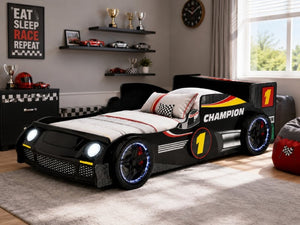 English Elm Kids Formula Racing Bed with LED Wheel Lights and Carbon Fiber Accents Twin Frame Black W2237S00024