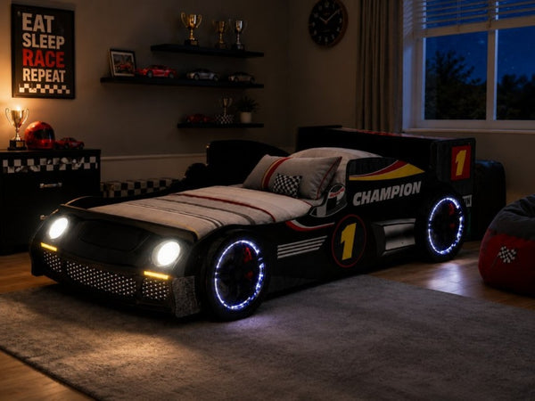 English Elm Kids Formula Racing Bed with LED Wheel Lights and Carbon Fiber Accents Twin Frame Black W2237S00024