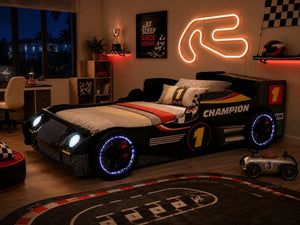 English Elm Kids Formula Racing Bed with LED Wheel Lights and Carbon Fiber Accents Twin Frame Black W2237S00024