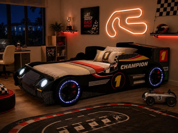 English Elm Kids Formula Racing Bed with LED Wheel Lights and Carbon Fiber Accents Twin Frame Black W2237S00024
