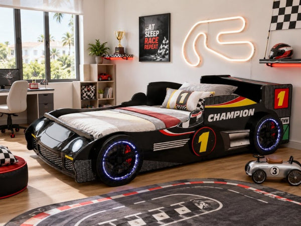 English Elm Kids Formula Racing Bed with LED Wheel Lights and Carbon Fiber Accents Twin Frame Black W2237S00024