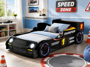 English Elm Kids Formula Racing Bed with LED Wheel Lights and Carbon Fiber Accents Twin Frame Black W2237S00024