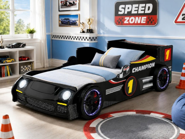 English Elm Kids Formula Racing Bed with LED Wheel Lights and Carbon Fiber Accents Twin Frame Black W2237S00024